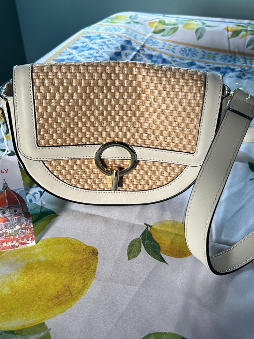 Genuine Italian Leather Woven Straw Crossbody with Cream Trim and Gold Ring